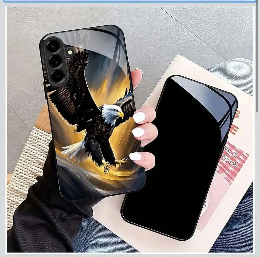 Eagle Tempered Glass Phone Case with Golden Lightning Wings Design